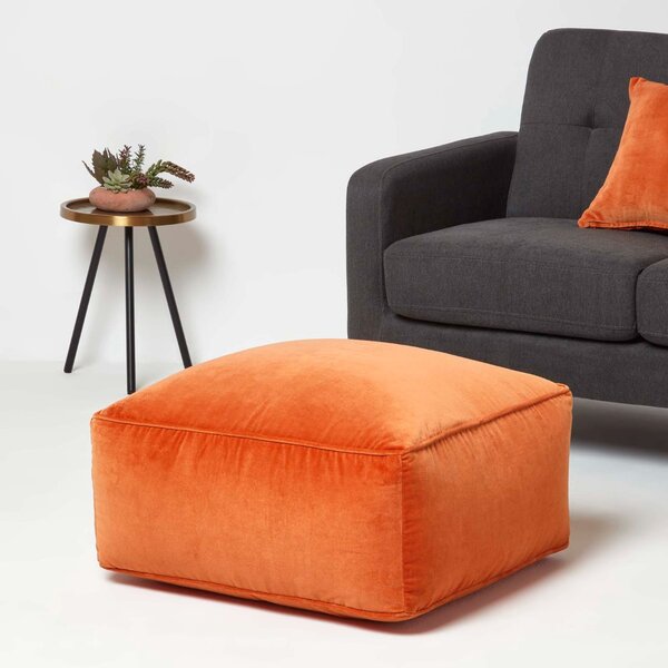 Homescapes Burnt Orange Velvet Pouffe Cube Footstool 60 x 60 cm