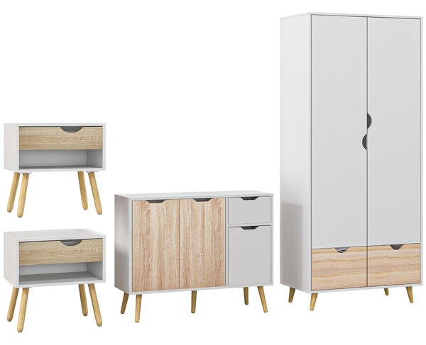 HOMCOM Bedroom Furniture Set, Wardrobe with Hanging Rod, Side Cabinet with wood legs , Bedside Table with Drawer, Nature Wood Finish and White Aosom UK