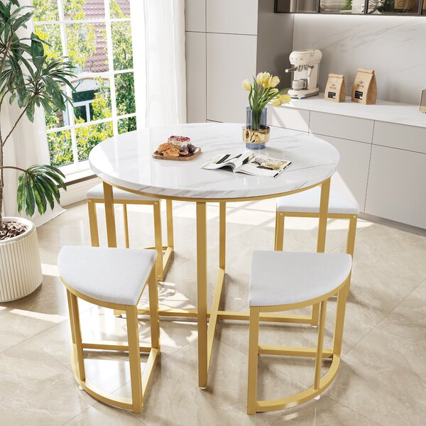 5 Piece Modern Marble Dining Table and Chair Set with Semi-Circular Stools, Space-Saving Design for Apartments and Restaurants, Gold+White Aosom.UK