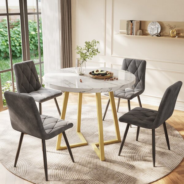 Modern Round Dining Table with Marble Pattern and Gold Metal Frame, Multi-Purpose Design for Apartments, 80L x 80W x 75H cm, Gold+White Aosom.UK