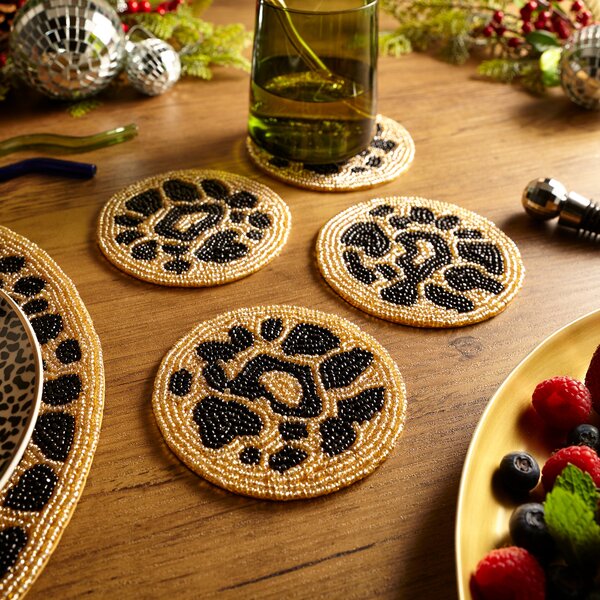 Set of 4 Leopard Print Glass Beaded Coasters MultiColoured