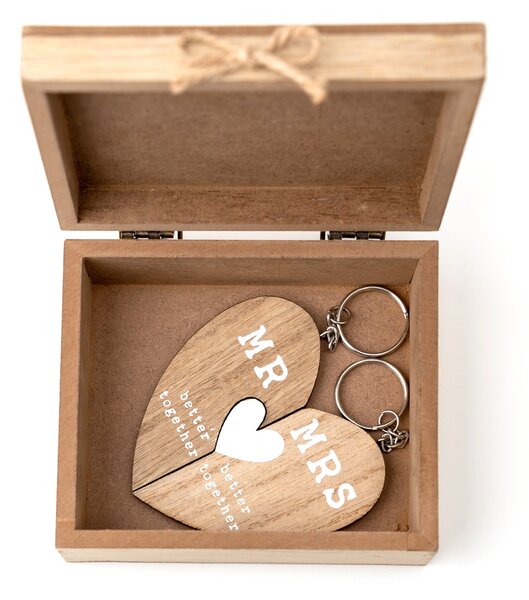 Love Story Mr and Mrs Pair of Keyrings and Box Brown