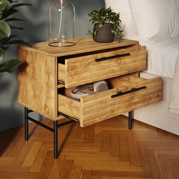 Bryant Wide 2 Drawer Bedside Table, Mango Wood Effect