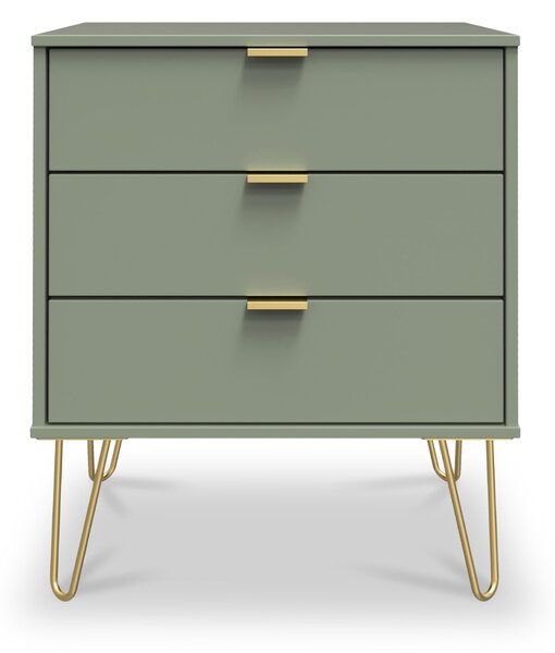 Moreno Olive Green Wooden 3 Drawer Midi Chest of Drawers with Hairpin Legs | Roseland Furniture