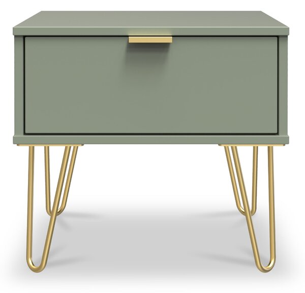 Moreno Olive Green Wooden 1 Drawer Bedside with Gold Hairpin Legs | Roseland Furniture