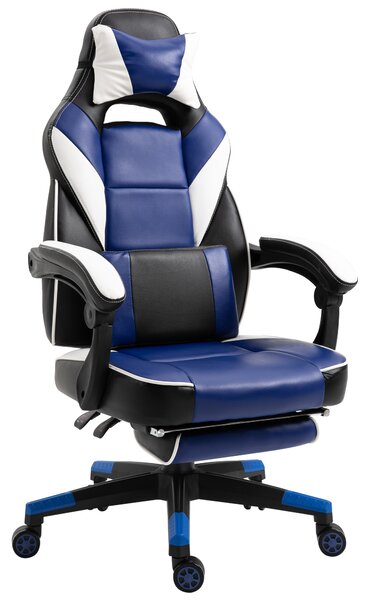 Vinsetto Cool & Stylish Gaming Chair Ergonomic Recliner w/ Thick Padding Footrest Neck & Back Pillow 5 Wheels Racing Swivel Height Adjustable Blue