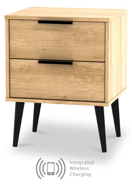 Asher Light Oak Wooden Wireless Charging 2 Drawer Bedside with Black Legs | Roseland Furniture