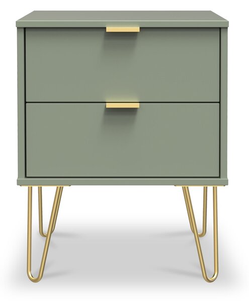 Moreno Olive Green 2 Drawer Wooden Bedside Table with Gold Hairpin Legs | Roseland Furniture