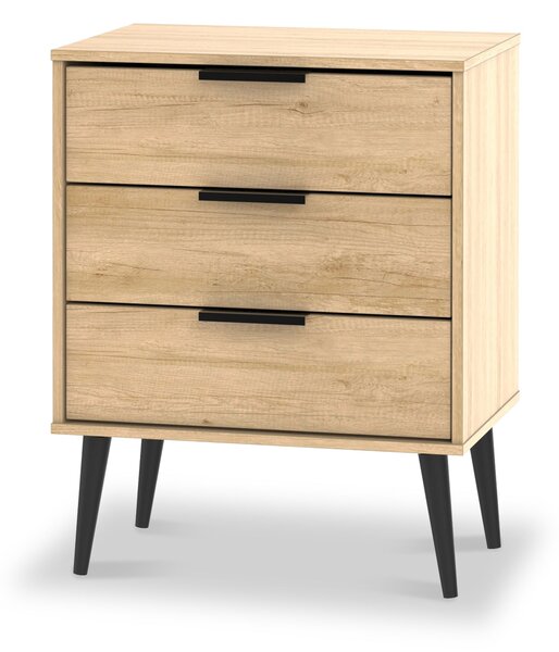 Asher Light Oak Wooden 3 Drawer Midi Chest of Drawers with Black Legs | Roseland Furniture