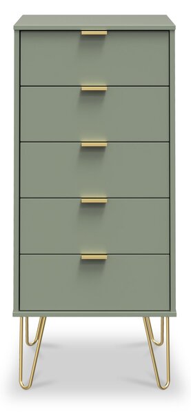 Moreno Olive Green 5 Drawer Wooden Tallboy with Gold Hairpin Legs | Roseland Furniture
