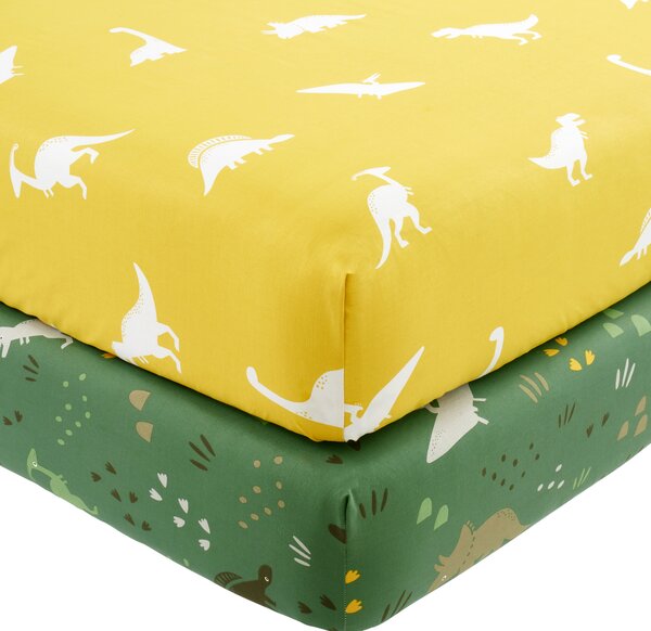 Dino Pack of 2 Fitted Sheets Yellow/White