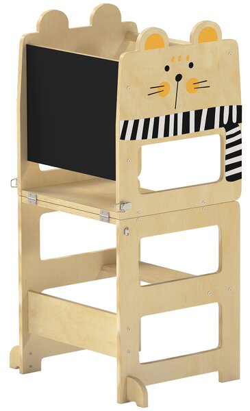 AIYAPLAY Toddler Step Stool, Standing Tower with Chalkboard, 3-in-1 Cat-Shaped Step Stool for Kitchen Counter, Natural