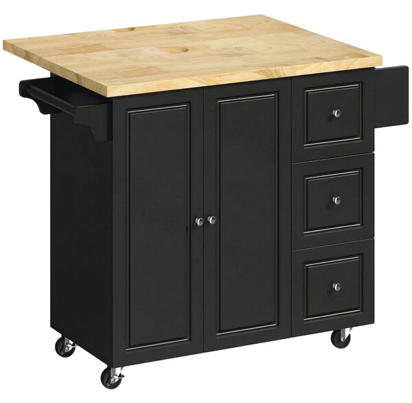 HOMCOM Kitchen Island on Wheels, Rolling Kitchen Storage Trolley with Drop Leaf, Drawers, Towel and Spice Rack, Black