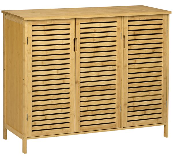 HOMCOM Rustic Shoe Cabinet, 3 Door Shoe Storage Cabinet with 8 Shelves, Natural Wood Finish