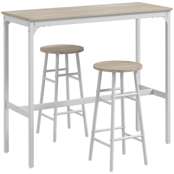 HOMCOM 3 Piece Bar Table Set with 2 Stools, Industrial Bar Table and Stool Set, Dining Table and Chair Set, Oak