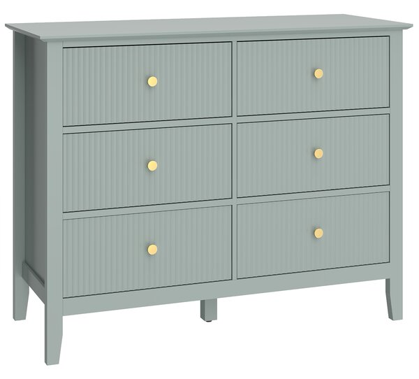 HOMCOM Fluted Dresser, 6 Drawer Chest of Drawers for Bedroom, Living Room, Hallway, Closet, Green
