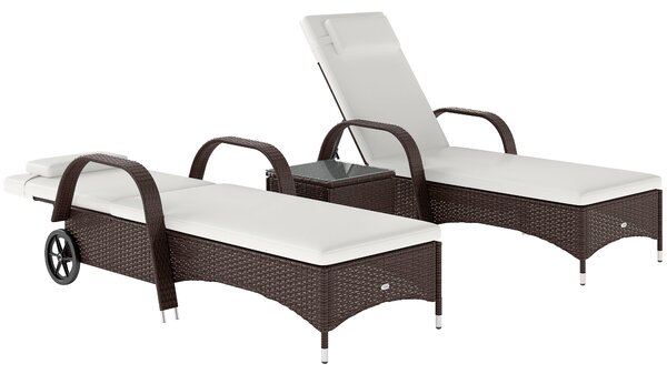 Outsunny 3 Pieces Patio Lounge Chair Set, Garden Wicker Wheeling Recliner Outdoor Daybed, PE Rattan Lounge Chairs w/ Cushions Aosom UK