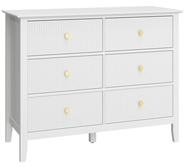 HOMCOM Fluted Dresser, 6 Drawer Chest of Drawers for Bedroom, Living Room, Hallway, Closet, White