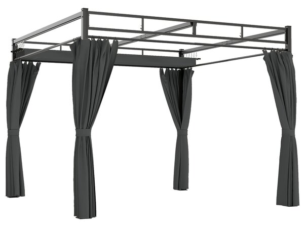 Outsunny 3 x 3 m Pergola with Retractable Roof Canopy and Curtains, UPF30+ Metal Frame Garden Pergola Gazebo Sun Shade, Dark Grey