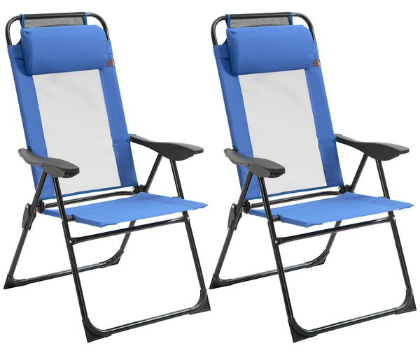 Outsunny Set of 2 Portable Folding Recliner Metal Outdoor Patio Chaise Lounge Chairs with Adjustable Backrest, Blue