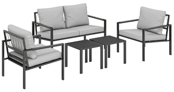 Outsunny 5 Piece Metal Garden Furniture Sofa Set with Thickened Cushions, Loveseat, 2 Armchairs, 2 Coffee Tables, Light Grey