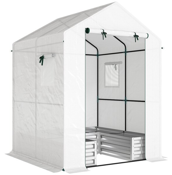 Outsunny Mini Greenhouse with Raised Garden Bed, Galvanised Walk-in Greenhouse with Roll Up Windows, 56" x 56" x 75", White