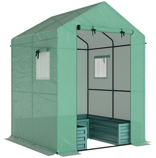 Outsunny Mini Greenhouse with Raised Garden Bed, Galvanised Walk-in Greenhouse with Roll Up Windows, 56" x 56" x 75", Green