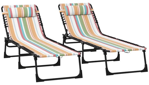 Outsunny Folding Sun Lounger Set of 2, Beach Chaise Chair, Garden Cot, 4-Position Adjustable, Multicoloured, with Metal Frame