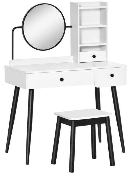 HOMCOM Vanity Dressing Table Set with Mirror and Stool, Makeup Table with 3 Drawers and Open Shelves, White