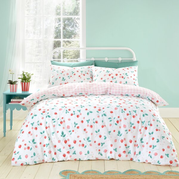 Catherine Lansfield Strawberry Garden White Red Duvet Cover and Pillowcase Set Red