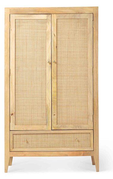 Venti Mango Wood & Cane 2 Door Wardrobe with Drawer | Roseland