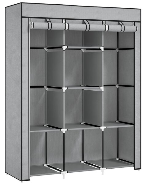 HOMCOM Fabric Wardrobe, Portable Wardrobe, Clothes Storage Unit with 8 Shelves, 2 Hanging Rods, 125 x 43 x 162.5 cm, Light Grey