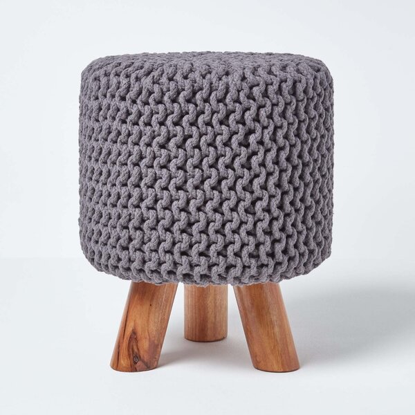 Homescapes Sea Grey Knitted Footstool with Tripod Wooden Legs