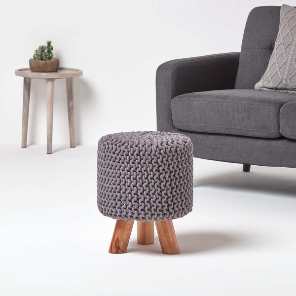 Homescapes Sea Grey Knitted Footstool with Tripod Wooden Legs