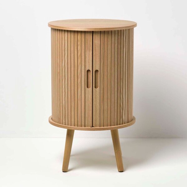 Homescapes Modern Side Table, Round Cabinet with Sliding Tambour Doors, 45cm