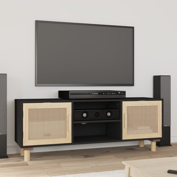 TV Cabinet Black 105x30x40 cm Solid Wood Pine&Natural Rattan