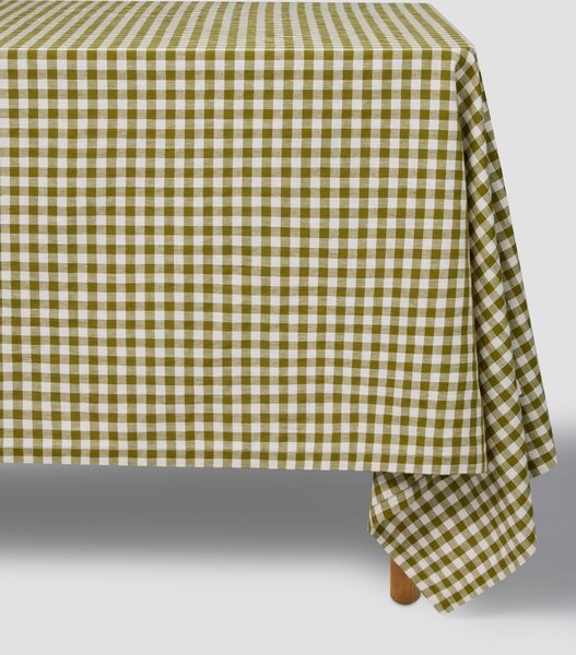 Botanical Green Gingham Linen Blend Tablecloth | Round | Piglet in Bed