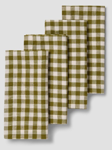 Botanical Green Gingham Linen Blend Napkins Set of 4 | 45 x 45cm | Piglet in Bed