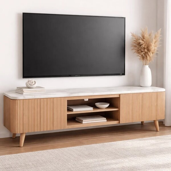 Attalla White Marble Top TV Stand With 2 Doors In Natural