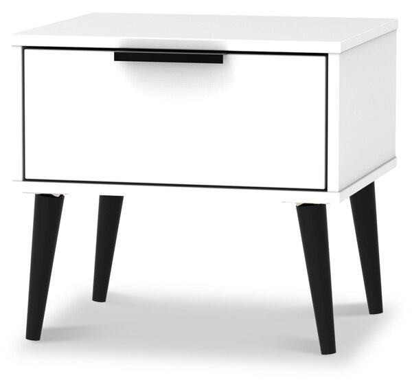 Asher White Wooden 1 Drawer Bedside Table with Black Legs | Roseland Furniture