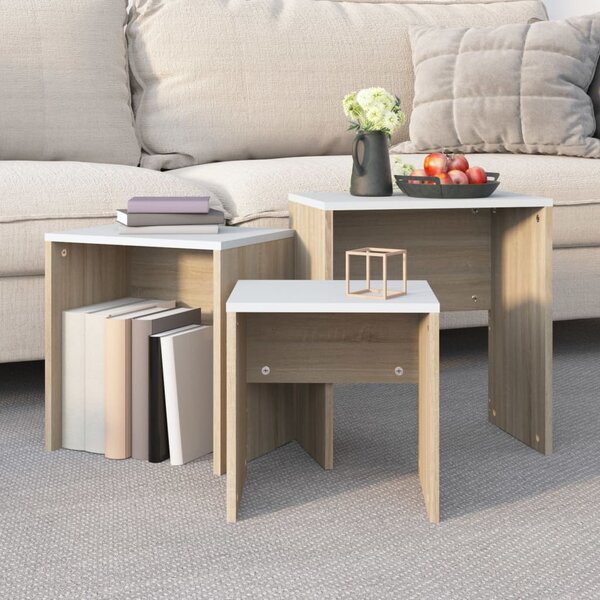 Nesting Coffee Tables 3 pcs White and Sonoma Oak Engineered Wood