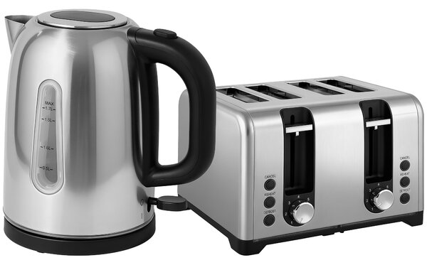 HOMCOM Kettle and Toaster Set, 1.7L 3000W Rapid Boil Jug Kettle with Strix Thermostat, Limescale Filter, 4 Slice Toaster with 7 Browning Controls, Crumb Tray, Silver Tone