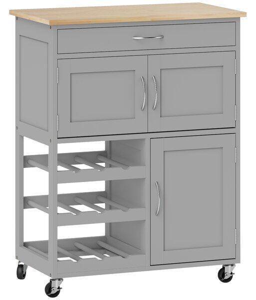 HOMCOM Modern Kitchen Trolley, Rolling Island Storage Cart with Drawer, 9-bottle Wine Rack, Door Cabinets, Wooden Countertop, Grey