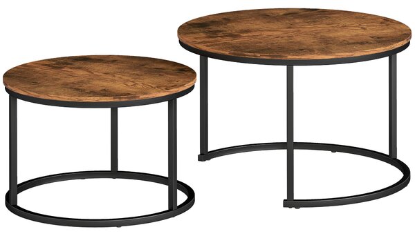 HOMCOM Coffee Table Set of 2, Round Nest of Tables with Metal Frame, Modern Side Tables for Living Room, Rustic Brown