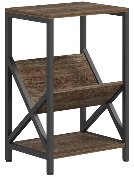 HOMCOM Narrow Side Table, End Table with 3-Tier Storage, V-Shaped Magazine Holder for Living Room, Bedroom, 40 x 30 x 61cm, Oak