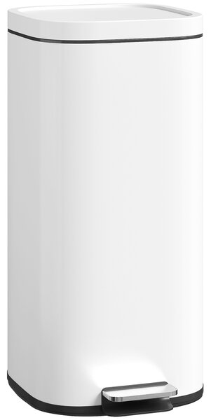 HOMCOM 30L Kitchen Bin, Compact Pedal Bin with Soft-Close and Stay-Open Lid, Removable Bucket for Kitchen, Home, Office, White