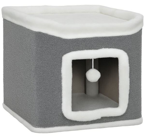 PawHut Cat House for Indoor Kittens, 2-Level Cat Cave Bed with Fluffy Balls, Top Bed, Kitten Barrel for Multi Kitties, Grey