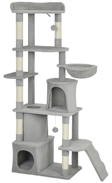 PawHut 170 cm Large Cat Tree, Cat Tower with 7 Scratching Posts, Tunnel, 2 Condos, Hammock, Perch, Ramp, Pompoms, Light Grey