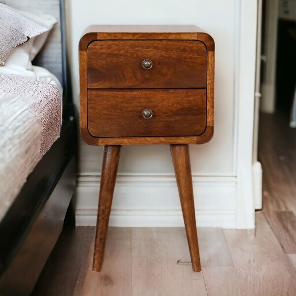 Solid Mango Wood Bedside Table with Smooth-Gliding Drawers, Nordic Legs, Hand-Finished Desk for Living Room, 30L x 30W x 55H cm, Brown Aosom UK