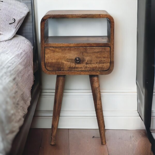 Solid Mango Wood Mini Curved Bedside Table with Drawer and Open Shelf, Desk with Aged Weathered Finish, 30L x 30W x 55H cm, Brown Aosom UK